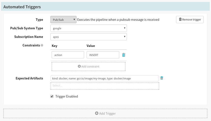 A pubsub subscription configured to listen to changes in one GCR registry. Since this registry can contain many repositories, we&rsquo;ve assigned it an expected artifact to ensure only changes in one repository can run this pipeline.