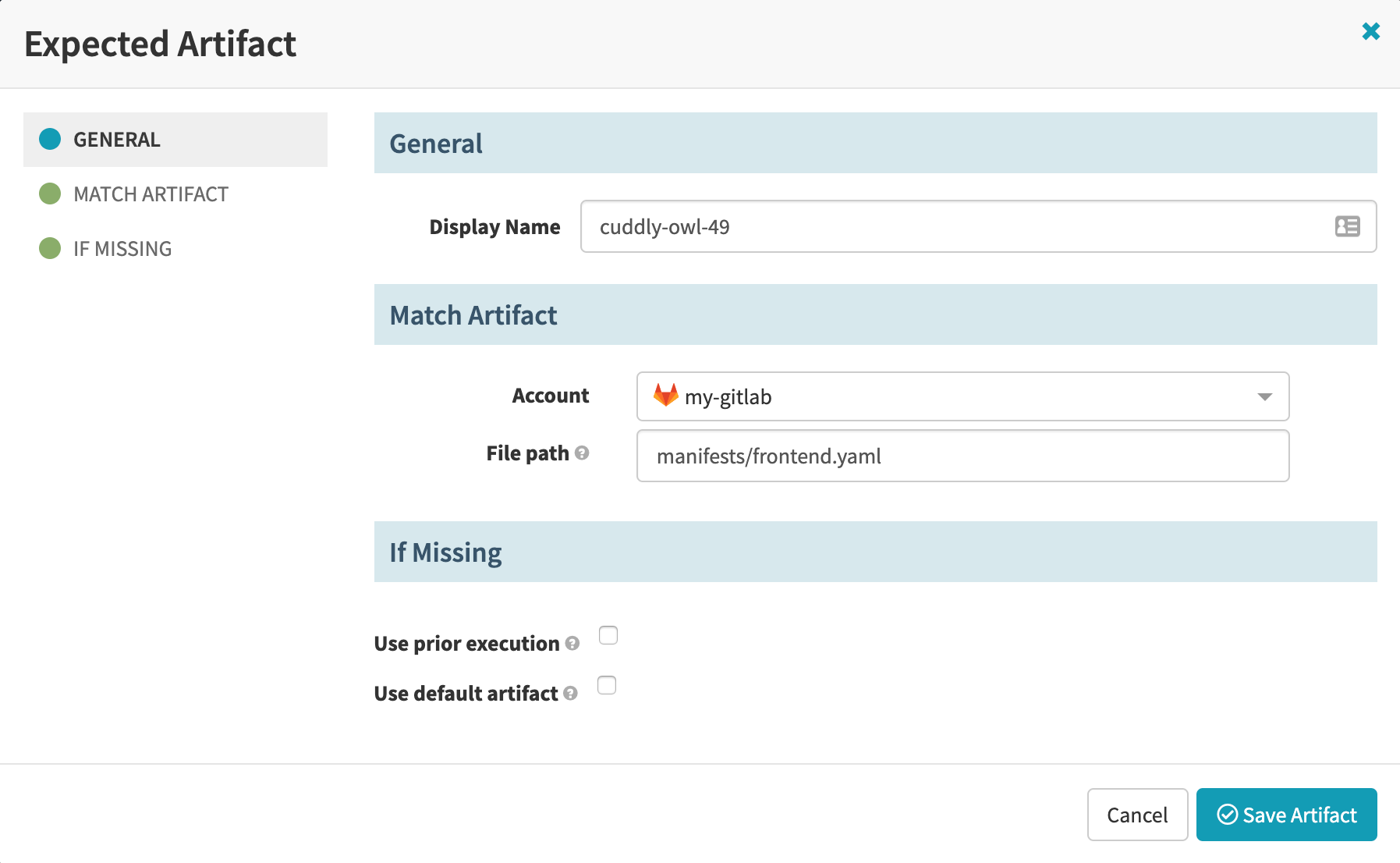 Configuring GitLab file fields in a pipeline trigger’s expected artifact settings.